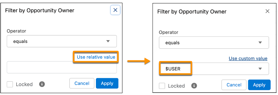 Vista Salesforce de los filtros por propietario de oportunidad